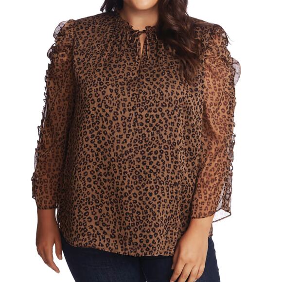 Cece Emery Ruffled Sheer Sleeve Leopard Print Shirt Womens Plus Size 1X - Picture 1 of 5
